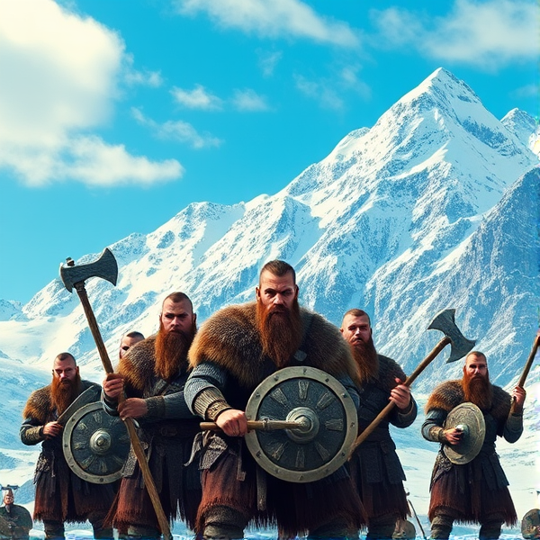 A serene azure sky complementing the majestic ice-capped mountains, with a group of fierce Vikings clad in traditional armor, wielding axes and shields, poised in a heroic stance