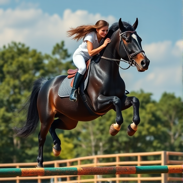 teen age girl jumping a humongous showjump on jet black horse side view