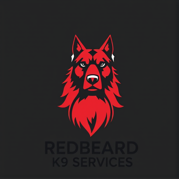 Logo design for Redbeard K9 Services featuring a stylized red beard integrated with a noble canine figure, embodying strength and loyalty, in a striking and professional emblem suitable for branding and corporate identity. The color palette should include shades of red for the beard, along with black and white accents, ensuring high contrast and visibility. The font should be bold and authoritative, yet accessible, positioned prominently beneath the logo graphic.