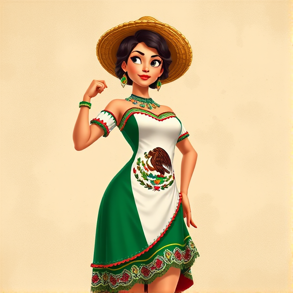 Mujer con vestido de la bandera Mexicana estilo Pixar animada