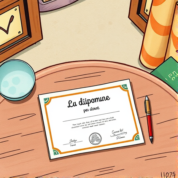 Diplôme écrit en français posé sur une table