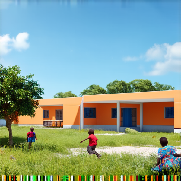 bâtiment d'une école primaire typique en Afrique avec des enfants jouant dans la cour, sous un ciel bleu clair et des arbres à proximité