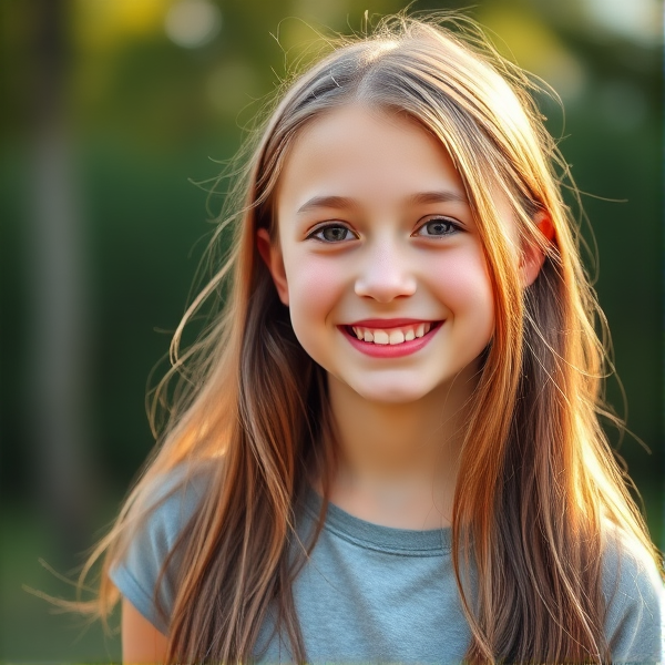 Portrait d'une adolescente de 13 ans avec de longs cheveux bruns, souriante et épanouie, habillée en tenue décontractée et tendance. Sa coiffure est naturelle et sans artifices. La scène se déroule en journée avec un arrière-plan naturel légèrement flou pour mettre l'accent sur le sujet.