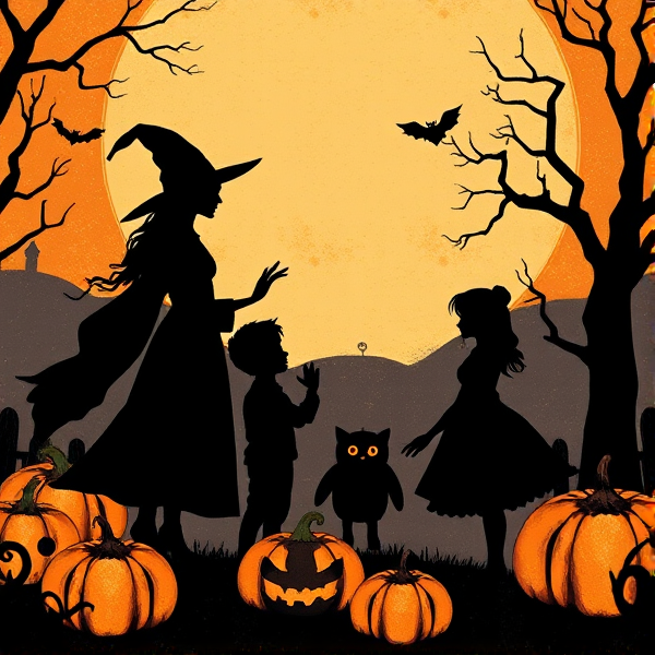 Halloween witch family boy frankenstein and girl silhouettes and pumpkins with room to add text to the image that looks like vintage art illustrations with lots of space above