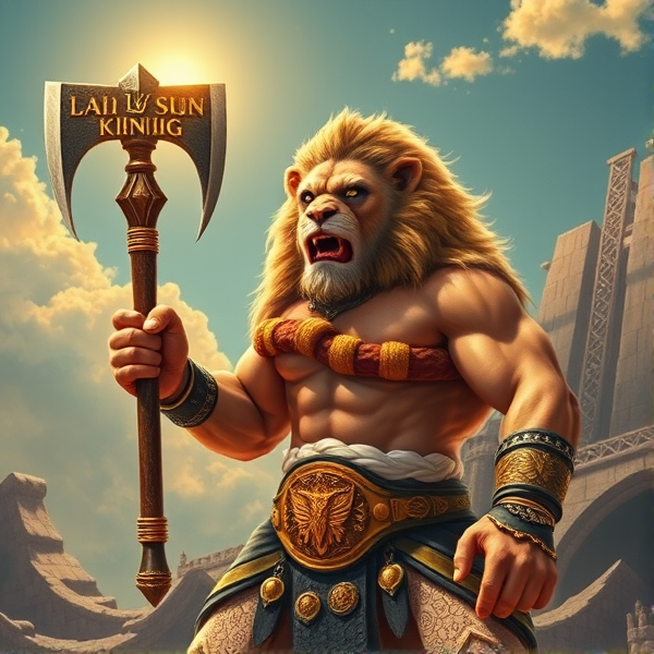 Un Lion barbare dieux du soleil une hache comme Léo escanor, avec des poils de lion et une carrure imposante et avec la ceinture de LA KNIGHT le catcheur et ces lunettes de soleil
