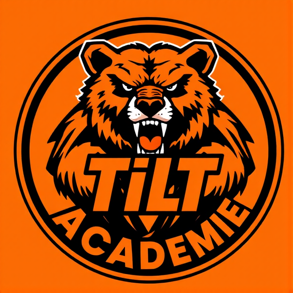 Création d'un logo circulaire pour une équipe de football représentant un grizzly aux couleurs orange et noir avec dynamisme et agressivité, accompagné de l'inscription 'Tilt Académie' en lettres tridimensionnelles intégrées harmonieusement au centre du cercle