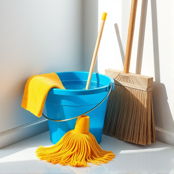 A meticulously arranged cleaning corner in a brightly lit room, featuring a shiny blue bucket filled with crystal-clear water, a neatly folded yellow mop resting beside it, a stiff-bristled scrub brush, and an upright broom with clean, natural straw bristles set against the wall. Soft shadows accentuate the textures of each object and the clean, tiled floor reflects the ambient light