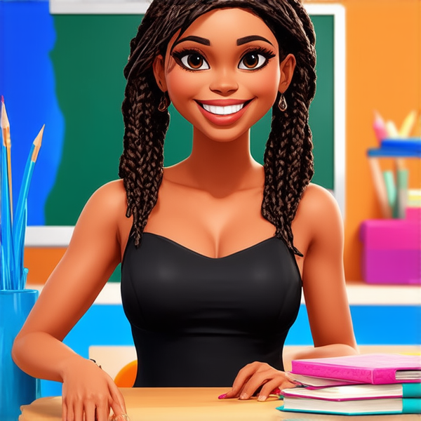 Une institutrice africaine élégante de 50 ans avec des tresses africaines traditionnelles, vêtue d'une robe noire se tient debout devant un tableau noir dans une salle de classe lumineuse et bien rangée, souriante et prête à enseigner. Elle est entourée d'élèves noirs âgés de 10 ans et de fournitures scolaires typiques comme des livres, des cahiers et des crayons, accentuant son rôle d'éducatrice.