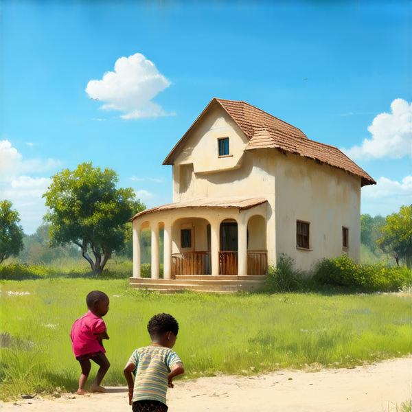 bâtiment d'une école primaire typique au gabon avec des enfants noirs jouant dans la cour, sous un ciel bleu clair