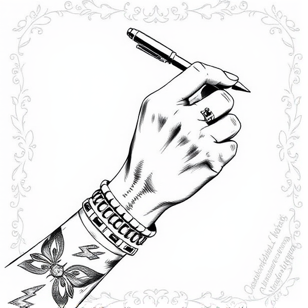 Dessin d’Une main de femme avec des tatouages sur les doigts de profil et avec des bracelets et des bagues qui tient un logo d’éclair comme si elle tenait un stylo et qu’elle était entrain d’écrire