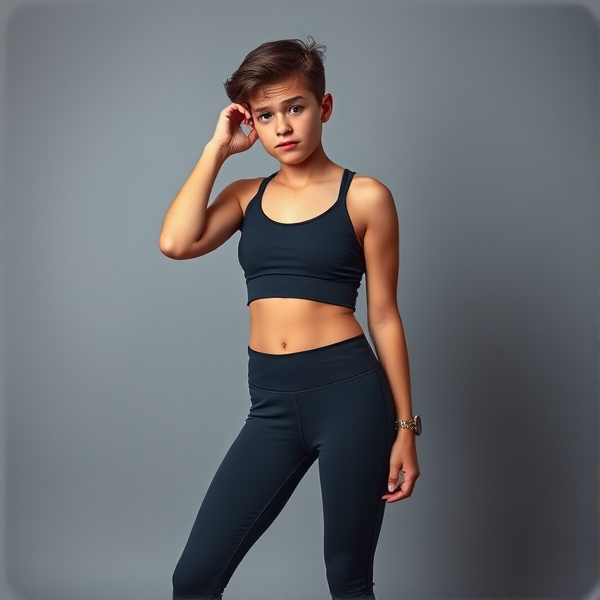 A perplexed teenage boy wearing trendy high-waisted athletic leggings paired with a fashionable crop top, adopting a relaxed stance that subtly accentuates a gentle curvature suggestive of femininity in the lower body without being overt