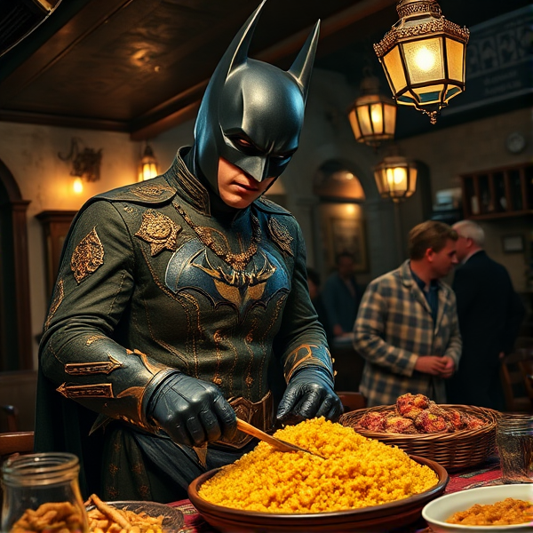 Batman dressed in a richly decorated Moroccan chef's outfit, carefully preparing a traditional couscous dish inside a bustling and rustic Moroccan eatery with aged walls and dim lighting
