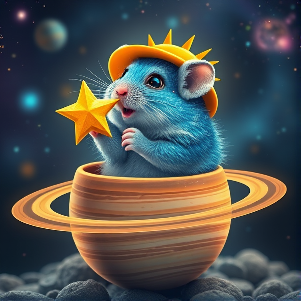 Hamster in a Saturn plant pot as a plant bulb and blue sparkly fur with a sunshine hat in a galaxy eating a star in realism