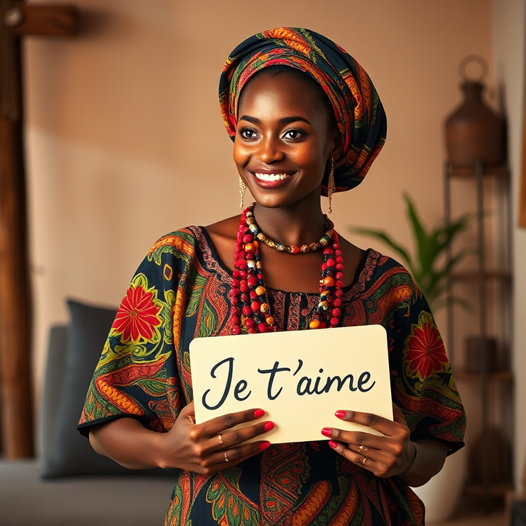 Une femme africaine élégante et voluptueuse, avec une poitrine généreuse, habillée en tenue traditionnelle africaine richement colorée, debout dans un décor typique de l'Afrique sub-saharienne, souriante et tenant fièrement une pancarte sur laquelle est écrit « Je t'aime » en calligraphie soignée. Son allure est à la fois gracieuse et empreinte de la culture africaine, elle peut être entourée d'éléments symboliques tels que des bijoux ethniques ou un paysage vibrant de vie.