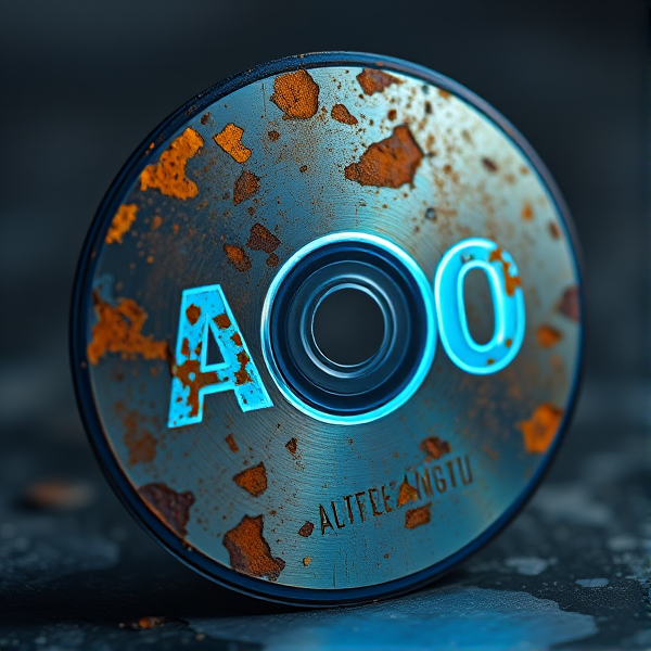 A weathered, oxidized compact disc with intricately etched "AUO" letters that shimmer with a vibrant blue electric energy. The CD is angled to catch the light, emphasizing its rustic texture and the dynamic glow of the electricity.