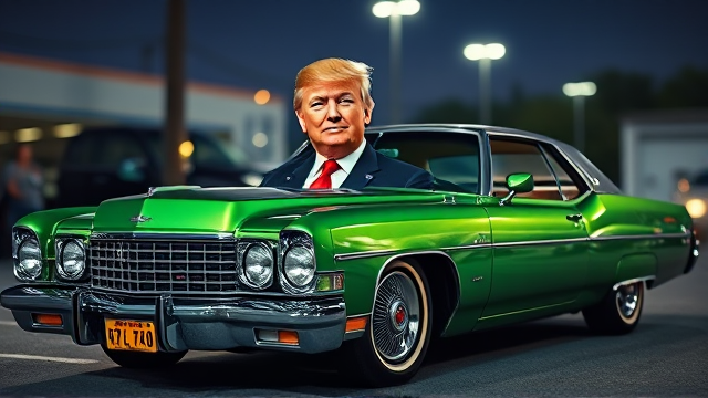 Donald Trump in a metal flake green lowrider