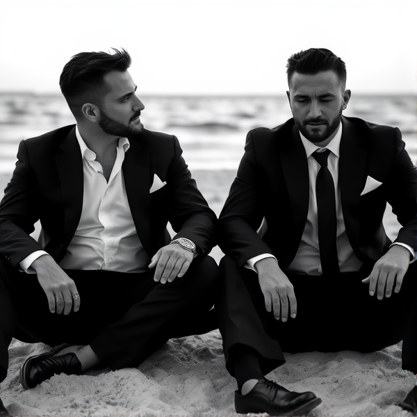 Two men in black and white suits sitting on the beach in black sad