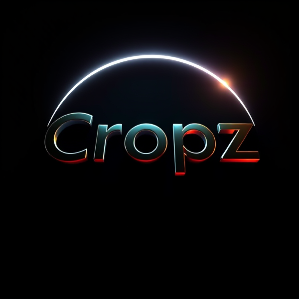 Highly detailed, high-contrast 3D logo with the text "Cropz" designed in a futuristic, bold, sans-serif font that seems to leap out from an inky black backdrop. The scene is dramatically illuminated by a circular beam of light creating dynamic, sharp shadows that play off the logo's sleek futuristic curves and reflective metallic finish. The logo's surface interacts with light to reveal a spectrum of vibrant colors with high gradation, giving it a lifelike depth akin to Pixar's renowned animations. Every element is rendered with exquisite crispness and geometric precision reminiscent of cutting-edge visual effects produced using Unreal Engine, Octane Render, and V-Ray software. The overall exaggerated and surreal ambiance infuses sci-fi elements into the design while being crafted to stimulate excitement and curiosity through neuromarketing principles.
