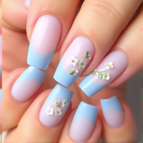 Baby blue French tip acrylics with mini flowers