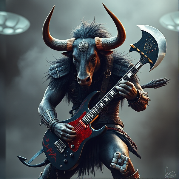 Créer une image d'un minotaure guerrier avec une tête de taureau et avec une guitare hache gène simmons