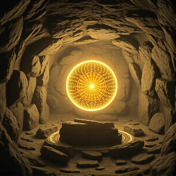 Orbe de haute technologie brillant, servant de source d'énergie centrale dans une grotte du Néandertal fantastique humour subtil
