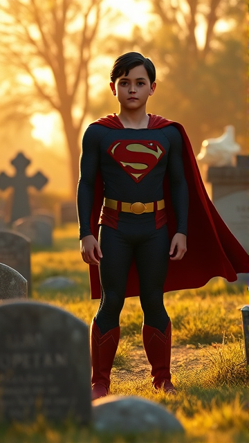 1990's Movie Scene: Jon Kent, AKA Superboy, the young little 12-year old super son of Superman, and the first kid to be born as the world's first Half-Kryptonian child, with an extremely muscular body, the iconic costume, the singular curled bang sticking out at the front of his flat and smooth hair, and a long cape, standing in a graveyard, visiting the grave of his legendary, deceased father, and promises to take his place in the world and carry on his legacy through himself.