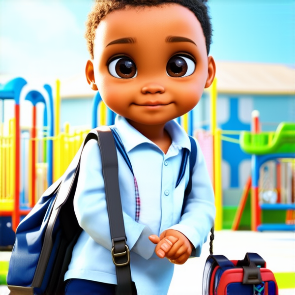 bâtiment d'une école primaire traditionnelle avec cours de récréation, enfants noirs africains en uniforme scolaire chemise blanche et pantalons bleu marine avec des cartables