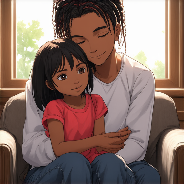 An 8-year-old African girl with intricate traditional braided hair, sitting comfortably on her mother's lap, both exuding a warm and nurturing atmosphere. The mother is depicted as loving and protective, embracing her daughter in a cozy, homelike setting and there are his father also with her