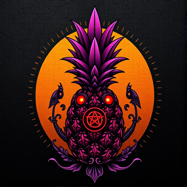 Conception d'un logo haut de gamme incorporant un ananas dans un style gothique-victorien, agrémenté d'ornements complexes et de symboles occultes tels qu'un pentacle et l'œil d'Horus. Utilisation d'une palette de couleurs sophistiquée avec un gradient élégant allant de l'orange au jaune puis au rose, sur une texture rappelant le cuir noir de qualité supérieure. L'ananas se distingue par ses épines délicatement ouvragées et des yeux émettant une lueur rouge intense, conférant une aura mystérieuse et légèrement menaçante à l'ensemble. Le design combine élégamment les caractéristiques victoriennes avec des touches exotiques pour créer une image captivante destinée à un public averti, tout en préservant un équilibre dans la vivacité des couleurs.