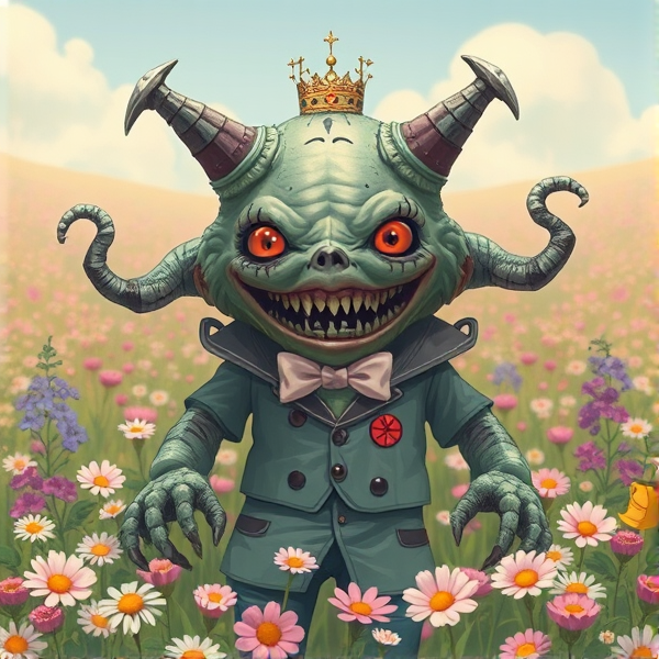Un monstre qui fait très peur et qui est très deformé , mais qui est habillé avec des habille kawaii dans un champ de fleur