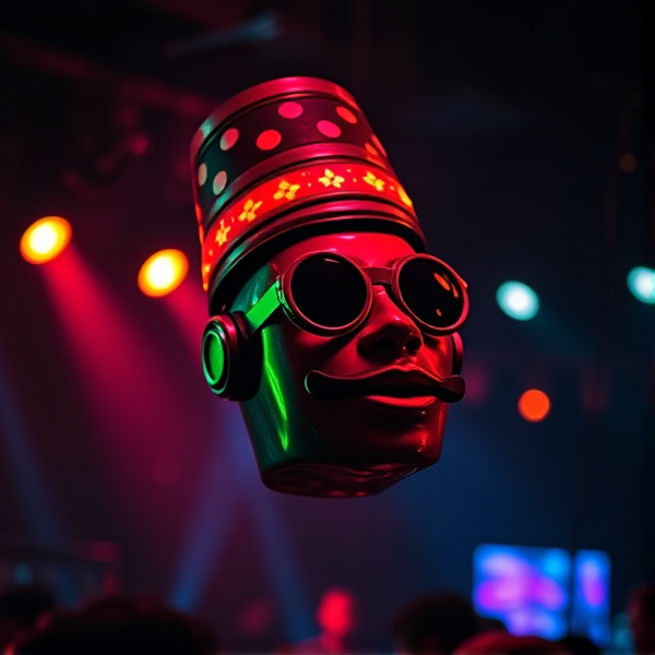 Floating P Diddy head, dark background, party, rave lights