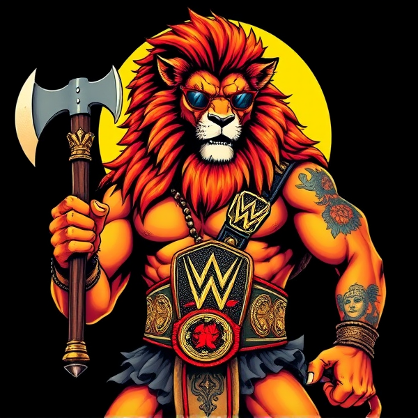 Un lion barbare dieux du soleil, il tien une hache dans la main, avec des poils de lion et une carrure imposante et avec la ceinture de la wwe le catcheur et ces lunettes de soleil, il a un tatoo sur le bras écris YEAH!