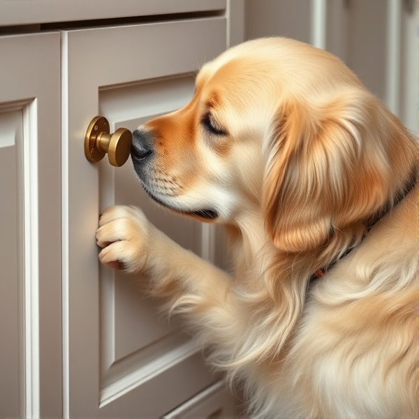 an english cream golden retriever picking the lock on a cabinet to get to her food.