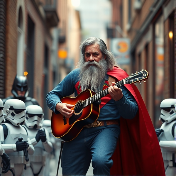 show me an old beat up 3d version of Chicago blues singer, long grey hair and beard. Dressed as superman. Busking with guitar and stompbox.  At his feet are 20 tiny tiny Stormtroopers, the size of mice. they appear to be dancing, drinking and having a great time listening. in the far far background just seen in the alley is batman and darth vadar shaking hands and smoking