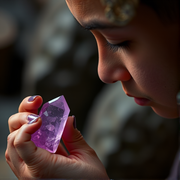 Lingsha looking at a small purple crystal