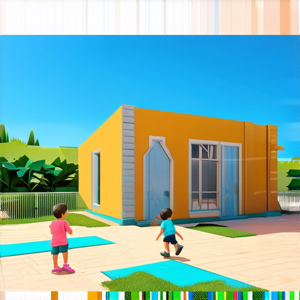 bâtiment d'une école primaire typique au gabon avec des enfants jouant dans la cour, sous un ciel bleu clair