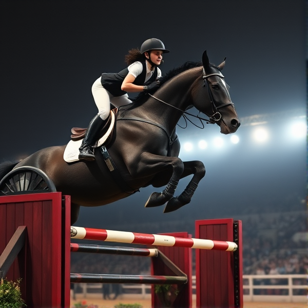 lady jumping a black horse over a big showjumping jump