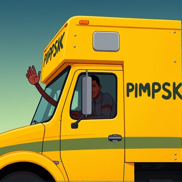 Black man waving out drivers side window of an all yellow moving truck that says the word "PIMPSKE" ON THE SIDE