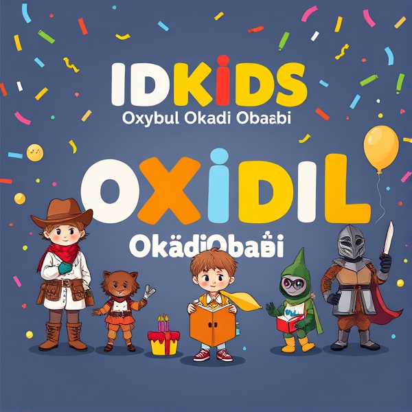 Affiche IDKIDS Oxybul Okaïdi Obaïbi

Format : Portrait

---

#### En-tête
- Au centre : 
  - Écris en gros et en gras le nom de la marque : 
    - IDKIDS Oxybul Okaïdi Obaïbi
  - Choisis une police ludique et colorée pour attirer l'attention.

Thèmes avec illustrations d'enfants déguisés : 

1. Thème Far West :  - Un enfant en cowboy avec un chapeau de cowboy, des bottes, un bandana.

2. Thème Science :   - Un enfant en scientifique avec une blouse blanche, des lunettes de protection et des éprouvettes.

3. Thème Police Scientifique :   - Un enfant déguisé en policier avec une casquette et une loupe, prêt à enquêter.

4. Thème Monstre : - Un enfant en costume de monstre coloré, avec des griffes et des cornes.

5. Thème Cuisine Moléculaire : - Un enfant en chef cuisinier avec un tablier et des ustensiles de cuisine, des bulles et des effets chimiques autour.

6. Thème Chevalier :   - Un enfant en armure de chevalier avec une épée et un bouclier.

7. Thème Dinosaure :  - Un enfant déguisé en dinosaure avec une combinaison de T-Rex ou de tricératops.

8. Thème Enquête Policière dans les Mondes Sous-Marins :  - Un enfant en plongeur avec un masque et un tuba, entouré de poissons et de coraux.

9. Thème Lecture : 
   - Un enfant assis avec un livre ouvert, entouré de livres et de bulles de dialogue.

Décorations
- Ajoute des éléments festifs :
  - Confettis en arrière
- ballons
- gâteaux 
- cadeaux…