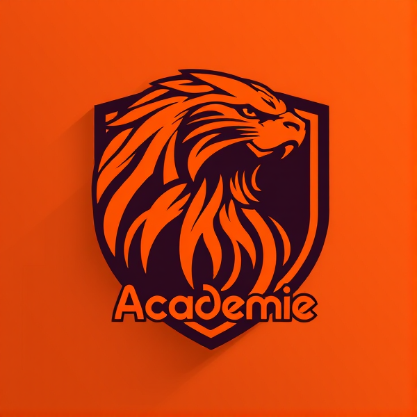 Conception d'un logo pour une équipe de football de l'académie, incluant le mot 'Académie' en italique, dominante couleur orange, style dynamique et moderne