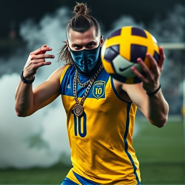 Zlatan Ibrahimovic en action agressive sur un terrain de football, portant un masque de ski intimidant et une chaîne en or épaisse avec un anneau imposant, entouré d'une fumée mystérieuse s'échappant en arrière-plan créant une atmosphère dramatique. Il jongle avec un ballon de football personnalisé aux couleurs de la Suède, numéro 10 visible, tout en portant un gilet sportif bleu et jaune vibrant aux couleurs de l'équipe nationale suédoise, reflétant sa fierté nationale. L'accent est mis sur sa posture dominante et son regard fixe qui transmettent son esprit compétitif.