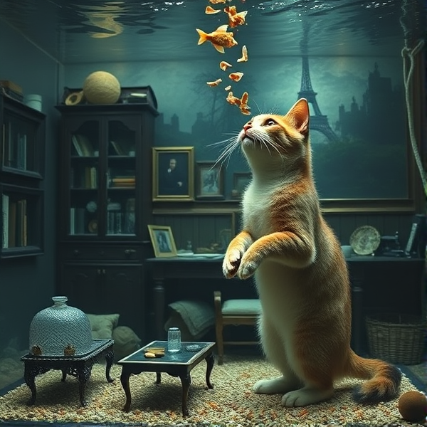 Dans un vaste aquarium, un diorama élaboré représentant un appartement typique de Paris avec des détails bohèmes et artistiques. Un jeune homme miniaturisé stylisé et androgyne, habillé à la mode parisienne, se comporte tel un poisson, nageant gracieusement vers le haut pour saisir les miettes de nourriture lancées par un chat surdimensionné au pelage touffu et aux yeux perçants qui se tient debout sur ses pattes arrière à côté de l'aquarium. L'ensemble évoque une scène à la fois intrigante et fantastique, dignes d'une oeuvre d'art surréaliste où le temps semble suspendu.