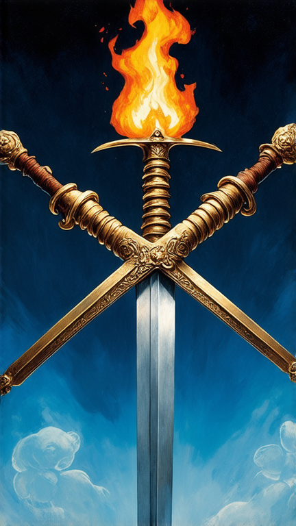 Trois épées croisées en leur centre et représentant chacune un élément, une de feu, une de terre, et une de vent . L'épée représentant l'élément du feu est placée verticalement. L'épée représentant l'element de la terre doit avoir une touche féminine. Les épées sont de style médiéval européen et ont leur pommeau vers le haut et de manière géométrique.