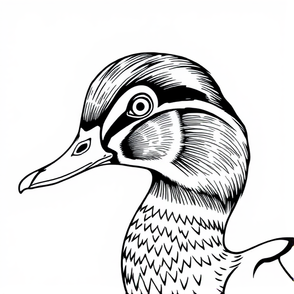 A black and white drawing of a wood ducks head. Like for a coloring page very simple
