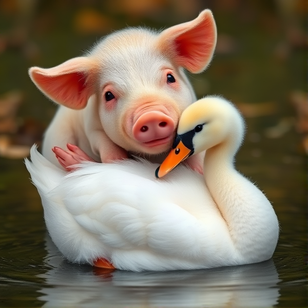 A cute pig cuddling a baby swan