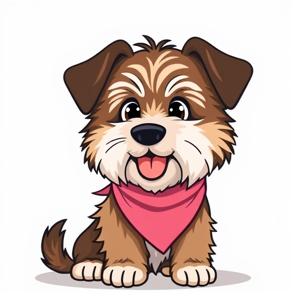 a cartoon of a brown and white tibetan terrier with black ears and a pink bandana