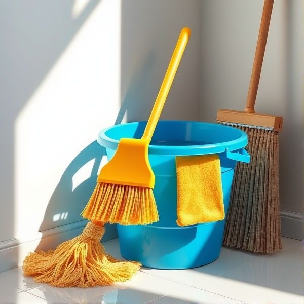A meticulously arranged cleaning corner in a brightly lit room, featuring a shiny blue bucket filled with crystal-clear water, a neatly folded yellow mop resting beside it, a stiff-bristled scrub brush, and an upright broom with clean, natural straw bristles set against the wall. Soft shadows accentuate the textures of each object and the clean, tiled floor reflects the ambient light