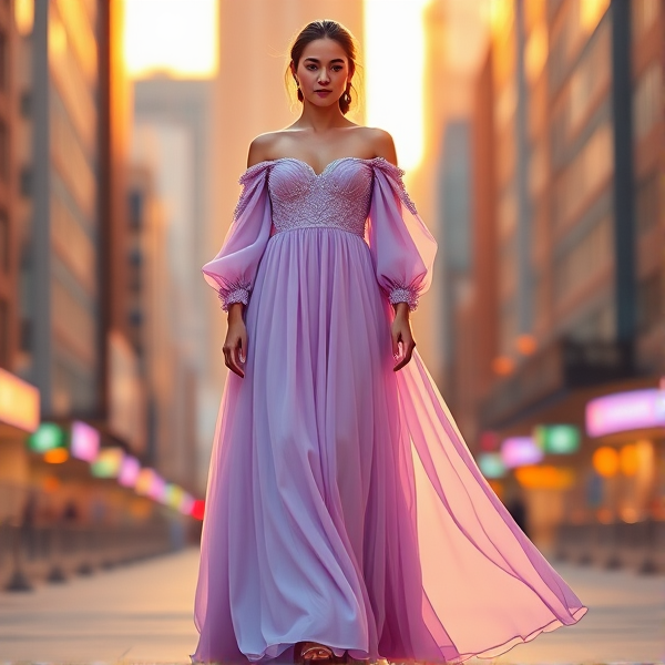 a floor length gown that was a light shade of lilac. The gown itself is flowy and made of light fabric, with a sweetheart neckline and a fitted bodice that hugged the waist with embroidered details on it and long flowy sleeves that are off the shoulders. The skirts flared out slightly at the hips, creating a gentle A-line shape.