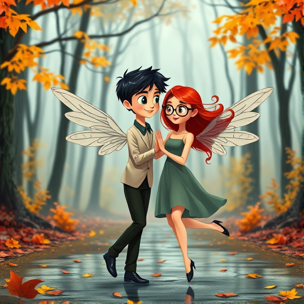 Black haired Caucasian male cartoon angel and red haired Caucasian female cartoon angel wearing glasses, dance together in a rainy Autumn forest in the style of Coraline