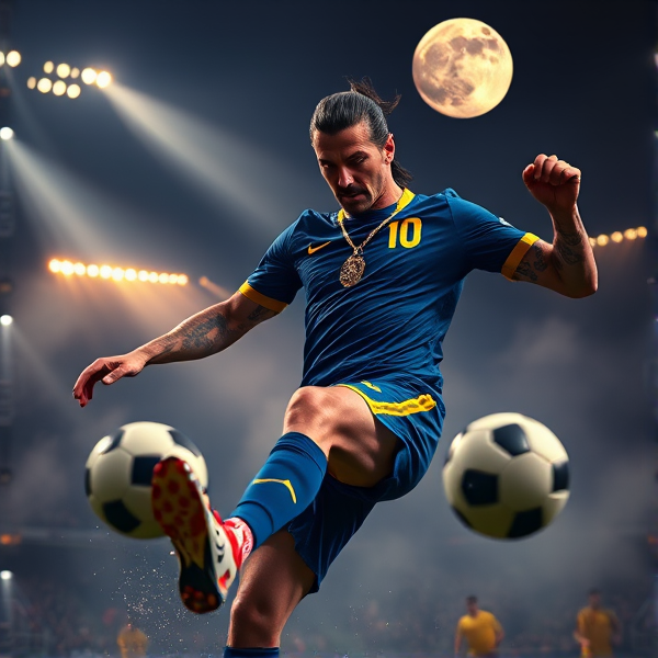 Zlatan Ibrahimovic en pleine action décochant un tir puissant du pied droit dans un ballon de football, ses muscles définis et tendus mis en évidence par un éclairage théâtral qui crée des jeux d'ombres et de lumières contrastées dans le stade. Il est équipé d'un masque de ski noir aux reflets métalliques qui intensifie son regard perçant, tandis qu'une chaîne en or avec un médaillon du lion suédois pèse sur son torse sculpté. À son doigt brille une bague en or incrustée d'une gemme étincelante. Une brume dense s'enroule autour du terrain, contribuant à une ambiance mystérieuse alors que des projecteurs coupent l'obscurité pour révéler des silhouettes estompées dans les gradins. Le numéro 10 ressort brillamment sur son maillot bleu et jaune vibrant, reflétant les couleurs nationales de la Suède et renforçant sa fierté patriotique. Zlatan adopte la pose féroce d'un prédateur au moment de frapper, dominant les adversaires hors-champ avec autorité. Son expression affiche une concentration absolue et la résolution caractéristique du joueur en plein effort. Sur ses bras tatoués se détachent des motifs complexes évoquant ses nombreux succès sportifs. Ses yeux brillent d'une lueur métallique comparable à celle d'armes prêtes à faire feu, sous le regard bienveillant d'une lune argentée qui confère à la scène une qualité surnaturelle presque théâtrale.